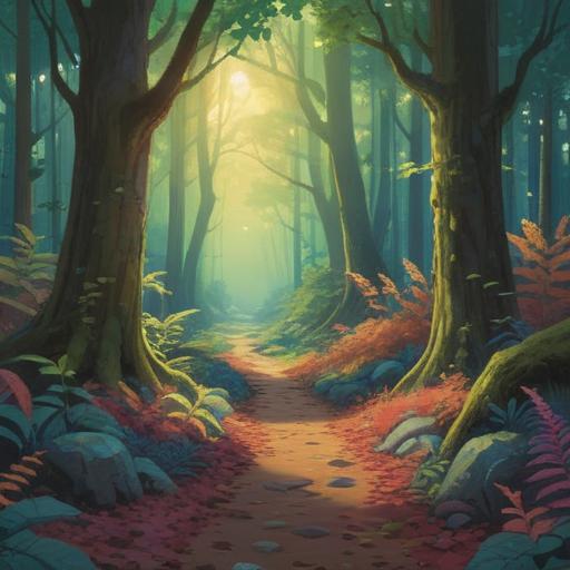 A serene forest scene, a tranquil path with a gentle light filtering through the trees, symbolic dead animal silhouettes on the ground, ethereal presence in the air, mystical symbols subtly integrated into the landscape, transformation and rebirth themes, soft colors, calming atmosphere, suggestive of spiritual awakening, 4k