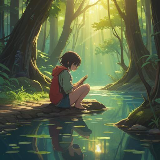 A serene scene depicting a person discovering a deceased animal, a moment of reflection and sadness, surrounded by nature, rays of sunlight breaking through the trees, symbolizing hope and renewal, delicate flowers blooming nearby, gentle breeze rustling the leaves, a sense of calm and healing, 4k