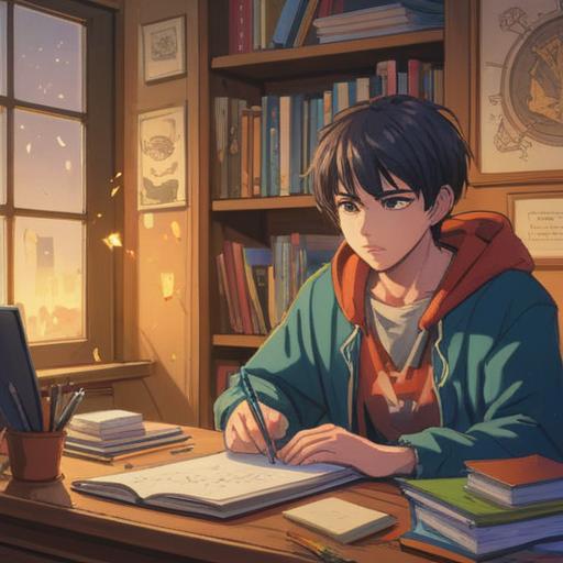 A cozy workspace filled with neatly organized notebooks and colorful stationery, a person sitting at a desk with a laptop open, various charts and sticky notes arranged around, warm light illuminating the space, a sense of productivity and creativity, inviting atmosphere, harmonious colors, 4k