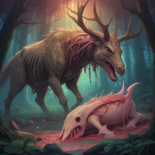 A hauntingly beautiful illustration of an animal carcass surrounded by ethereal light, symbolic representation of life and death, intricate details of nature reclaiming the body, soft mist enveloping the scene, vibrant flora contrasting with the decay, spiritual aura emanating from the remains, representing transformation and the cycle of life, 4k