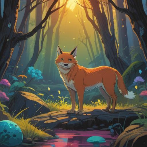 A surreal scene depicting a character experiencing a moment of luck after encountering an animal's remains, vibrant colors, contrast between the eerie setting and the bright aura surrounding the character, playful yet dark undertones, detailed environment with natural elements, emotional expression, whimsical atmosphere, 4k