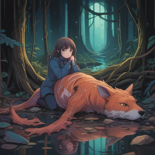 A poignant illustration capturing the moment of reflection after witnessing an animal carcass, somber colors, deep emotional expression, a figure contemplating the fragility of life, nature's cycle, surrounded by a serene yet melancholic landscape, evocative atmosphere, detailed contextual elements, 4k