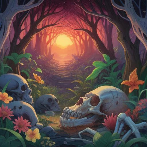A mystical scene depicting animal bones arranged in a sacred pattern, ethereal light illuminating the bones, surrounded by lush greenery and vibrant flowers, symbols of spiritual energy and good fortune, a serene atmosphere with soft mist, inviting presence of nature, 4k
