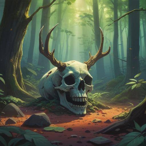 A serene woodland clearing, an animal skull resting on the ground, softly illuminated by dappled sunlight filtering through the trees, ethereal mist surrounding the scene, symbolic representation of spiritual guidance, detailed textures of the skull and forest floor, tranquil atmosphere, nature's whispers of wisdom, 4k