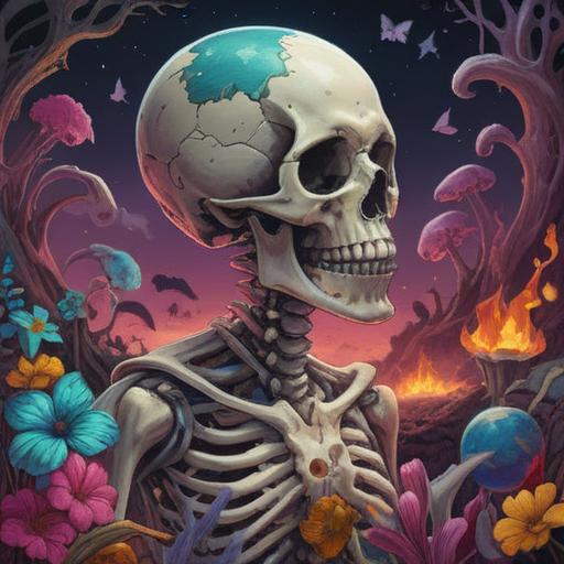 A whimsical illustration featuring animal bones intricately arranged to form a lucky charm, a mystical aura surrounding the charm, vibrant colors, symbolism of good fortune, detailed textures on the bones, enchanting background with mystical plants, charming and magical atmosphere, 4k