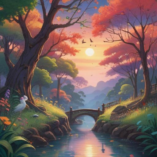 A serene nature scene, vibrant animals in harmony, soft light filtering through trees, birds singing joyfully, a peaceful atmosphere, spiritual symbols subtly integrated, wildlife representing positivity, connection with nature, calming background sounds, 4k