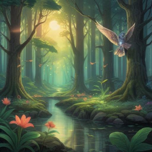 A serene forest scene, gentle animals like owls and frogs, soft glowing light filtering through trees, an ethereal aura, subtle indications of spiritual presence, nature's sounds resonating, peaceful and calming atmosphere, vibrant green foliage, 4k