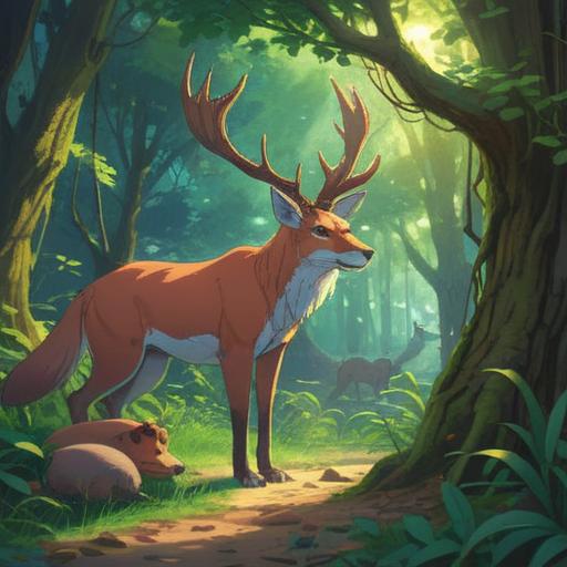 A serene nature scene, various animals vocalizing, vibrant wildlife environment, lush greenery, soft sunlight filtering through trees, animals interacting harmoniously, gentle sounds of nature, tranquil atmosphere, educational theme about animal sounds, interconnectedness with nature, high detail