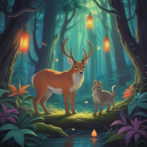 A serene encounter with an animal in a mystical forest, soft glowing light illuminating the scene, symbolizing spiritual guidance, vibrant colors reflecting the emotions of the moment, detailed depiction of the animal and surroundings, a sense of connection and harmony, nature's tranquility, 4k