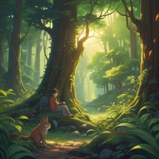 A serene scene of a person sitting quietly in a lush forest, observing a group of animals interacting gently, sunlight filtering through the trees, reflections of curiosity and peace on their faces, various species including deer, rabbits, and birds, showcasing the harmony between nature and humanity, vibrant greens and soft earth tones, 4k