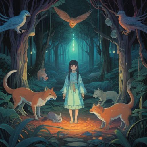 A mystical illustration depicting a person surrounded by animals displaying aversion, ethereal glow, symbolic representations of spirituality, contrasting emotions, natural scenery with vibrant plants, deep connection to nature, surreal elements highlighting the spiritual essence, 4k