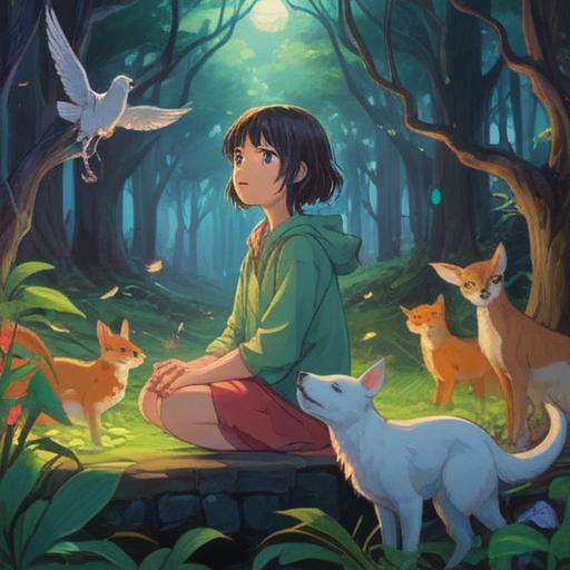 A serene illustration depicting a person observing animals from a distance, calm expressions on both the person and animals, ethereal light surrounding the scene, subtle hints of energy flowing between them, nature setting with lush greenery, soft pastel colors, a sense of peaceful acceptance, spiritual symbolism in the environment, 4k