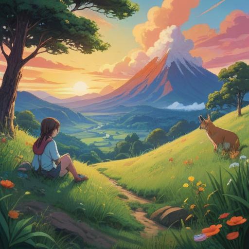 A serene scene depicting a person sitting on a grassy hill, surrounded by various animals, gentle expressions shared between them, vibrant flora and fauna, soft sunlight filtering through the trees, conveying a sense of understanding and connection, peaceful atmosphere, 4k