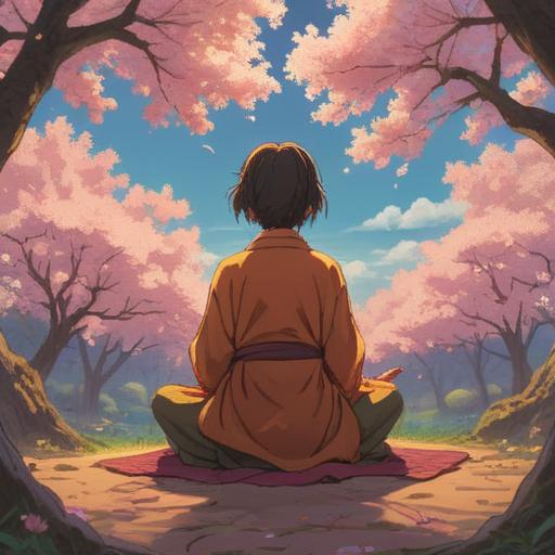 An inspirational scene of a serene person meditating under a flourishing cherry blossom tree, soft golden light filtering through the branches, vivid colors symbolizing positive energy, peaceful surroundings with gentle flowing water nearby, a sense of tranquility and harmony, capturing the essence of inner peace and attracting good fortune, 4k