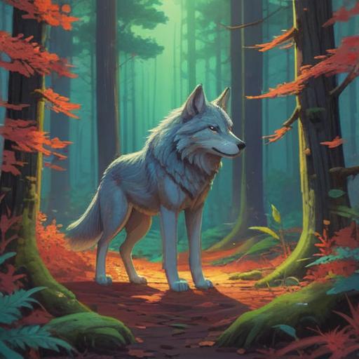 A serene encounter with a majestic wolf in a tranquil forest, soft light filtering through the trees, symbolizing spiritual guidance, peaceful atmosphere, connection with nature, vibrant colors, gentle expression on the wolf's face, harmonious relationship, mystical aura, 4k
