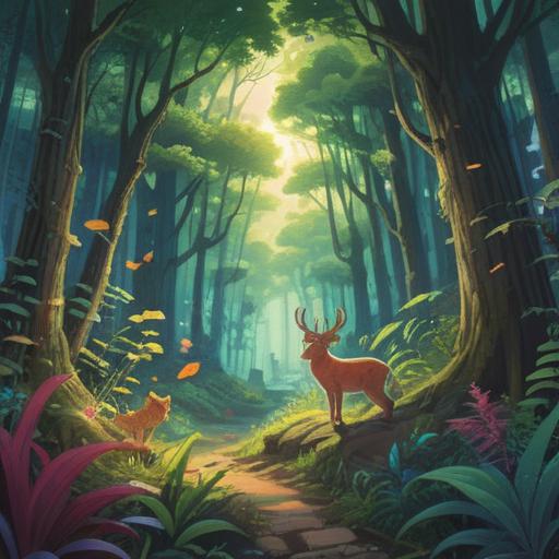 A serene nature scene depicting a person encountering various animals, soft light filtering through the trees, each animal symbolizing a unique spiritual message, a calm and reflective atmosphere, vibrant colors highlighting the connection with nature, detailed foliage and wildlife interactions, peaceful expressions on the person's face, 4k