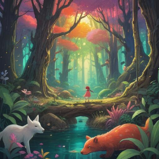 A whimsical scene depicting a person discovering a lucky charm while interacting with various animals in a lush forest, vibrant colors, playful atmosphere, friendly animal characters including a rabbit, a deer, and a bird, sparkling magical aura around the charm, sunlight filtering through the trees, sense of wonder and joy, enchanting details, 4k