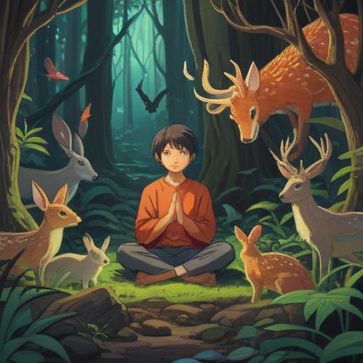 A serene scene depicting a person meditating in a lush forest, surrounded by various animals such as deer, rabbits, and birds, glowing ethereal light, peaceful atmosphere, symbolizing spiritual connection and harmony with nature, vibrant colors, detailed foliage, soft sunlight filtering through the trees, 4k