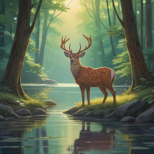 A serene encounter with a majestic deer in a tranquil forest, sunlight filtering through the trees, gentle animals surrounding a peaceful lake, ethereal atmosphere, symbols of harmony and connection, vibrant nature elements, soft shadows, 4k