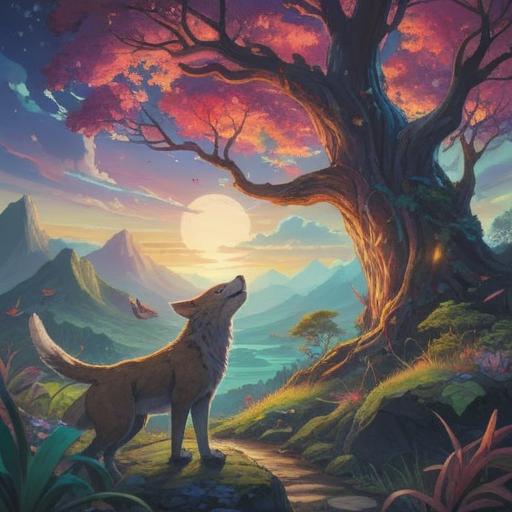 A serene nature scene, a person encountering a wild animal, vivid spiritual symbols in the air, ethereal light surrounding the animal, the person showing a sense of awe and respect, lush green forest background, soft glowing orbs representing spiritual guidance, harmonious connection between human and nature, 4k