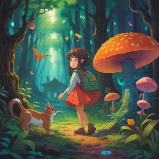 A whimsical scene depicting a person joyfully discovering a lucky item after encountering an animal, vibrant colors, enchanting forest setting, playful animals around, sparkling lucky charm glowing brightly, expression of surprise and happiness, detailed foliage, magical atmosphere, 4k