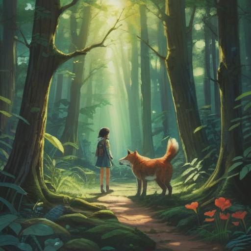 A heartwarming scene of a person meeting a friendly animal in a serene forest, soft sunlight filtering through the trees, the person's face reflecting joy and wonder, the animal displaying curiosity and trust, vibrant foliage surrounding them, conveying a sense of peace and connection, 4k