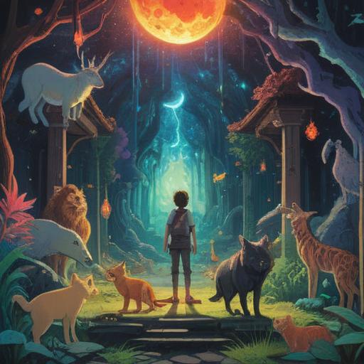 A serene illustration of a person surrounded by various animals, glowing aura, harmonious interaction between human and animals, symbolic animals representing spirituality, picturesque nature setting, gentle light filtering through trees, calm and uplifting atmosphere, vibrant colors, 4k