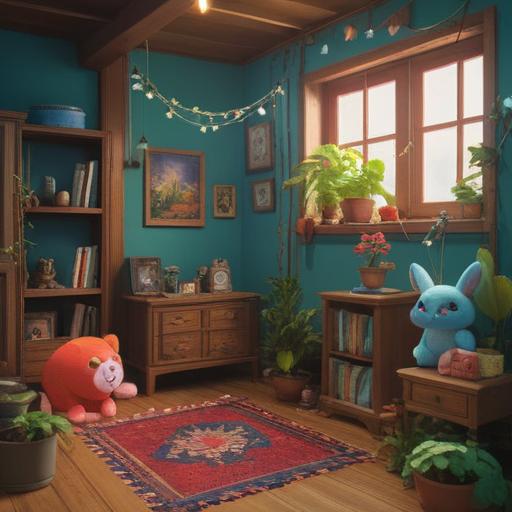 A cozy room filled with various lucky items for animal lovers, a collection of colorful plush toys, decorative animal figurines, vibrant plants, a happy dog and cat lounging together, sunlight streaming through a window, warm and inviting atmosphere, intricate details, 4k