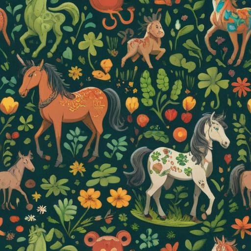 A whimsical illustration of various adorable animals surrounded by vibrant nature, symbols of good luck like four-leaf clovers and horseshoes scattered throughout, a joyful and heartwarming atmosphere, expressions of love and friendship among the animals, bright colors, detailed features, 4k