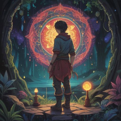 A person with a distressed expression standing in a beautiful nature setting, surrounded by ethereal light, symbols of spirituality like mandalas and crystals in the air, animals peeking from a distance, contrasting feelings of fear and curiosity, soft pastel colors, dreamy atmosphere, blending nature and spirituality, 4k