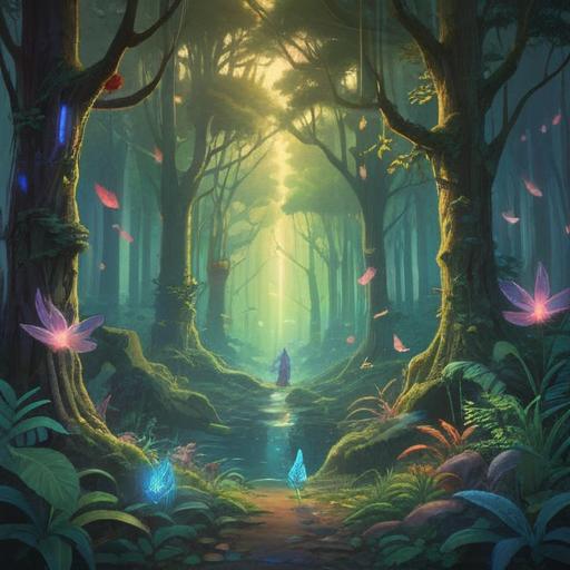 A serene scene depicting animals gathering around a person in a tranquil forest, glowing ethereal light, symbols of spirituality such as feathers and crystals, harmonious connection between humans and nature, soft expressions on animals, vibrant greenery, peaceful atmosphere, enchanting details, 4k