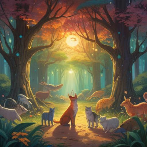 A serene scene depicting animals gathering around a person, warm sunlight streaming through trees, gentle expressions on the animals’ faces, a feeling of peace and harmony, vibrant nature setting, spiritual symbolism in the gathering, uplifting atmosphere, 4k