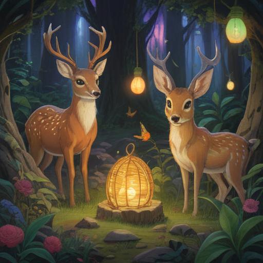 A serene and magical scene, various animals like deer, rabbits, and birds gathering around a glowing lucky item, soft mystical light illuminating the surroundings, lush greenery and flowers, peaceful atmosphere, connecting nature and spirituality, 4k