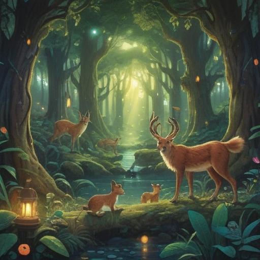 An enchanting forest scene, various animals gathered in a circle, glowing ethereal light surrounding them, a gentle breeze stirring the leaves, a mystical atmosphere, wise owl perched on a branch, playful deer looking curiously, serene rabbit listening attentively, vibrant flowers blooming around, peaceful energy radiating, capturing the essence of spiritual connection with nature, 4k