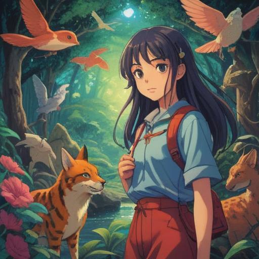 A person surrounded by various animals, vibrant colors, serene atmosphere, gentle connection with nature, spiritual energy radiating, warm smiles from the animals, lush green background, harmony between human and wildlife, 4k