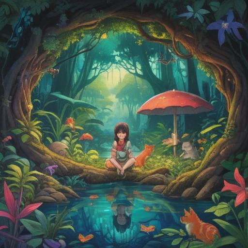 A serene scene depicting a person surrounded by various friendly animals, vibrant colors, lush greenery, animal expressions reflecting affection and trust, spiritual symbols subtly integrated in the environment, warm sunlight filtering through trees, tranquil atmosphere, deep connection between humans and animals, 4k