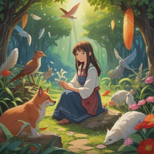 A serene outdoor scene, person surrounded by various animals, gentle interactions, subtle spiritual signs like feathers and flowers, warm sunlight filtering through trees, calm and peaceful atmosphere, vibrant animal expressions, connection with nature, spiritual harmony, 4k