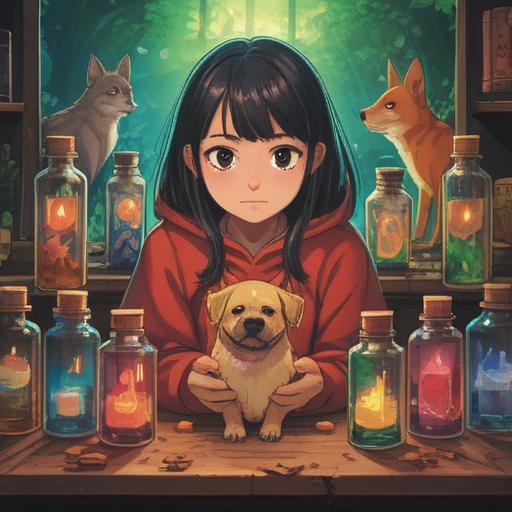 A person surrounded by a variety of friendly animals, a soothing aura emitted from a bottle of essential oil, animals like dogs, cats, and birds approaching with curiosity, a tranquil garden setting with vibrant flowers and greenery, warm sunlight filtering through the leaves, relaxed expressions on the animals' faces, harmonious interaction, 4k