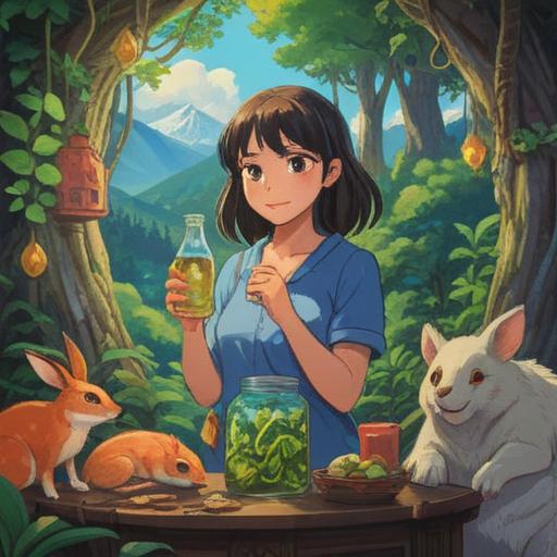 A heartwarming scene of a person surrounded by various animals, sharing moments of joy, using a bottle of Lucky Aroma, tranquil forest background, soft sunlight filtering through the trees, animals showing affection and curiosity, warm and inviting atmosphere, playful interactions, vivid colors, 4k