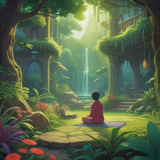 A serene landscape featuring a person meditating in a lush garden, surrounded by various animals at a distance, ethereal light filtering through the trees, symbolic representations of allergies manifesting as gentle wisps of color, a sense of connection to nature, vibrant flora, soft breezes, peaceful ambiance, spiritual awakening, 4k