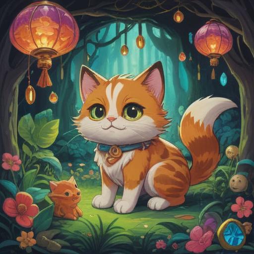 A whimsical illustration of a lucky charm designed to overcome pet allergies, featuring a colorful charm in the shape of a cute animal, surrounded by flowers and soothing imagery, bright and cheerful colors, magical aura, incorporating elements of comfort and hope, detailed textures, 4k