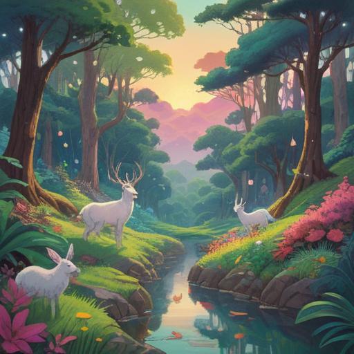 A spiritual symbolism illustration, depicting a serene landscape where an animal is peacefully transitioning, soft ethereal light, gentle colors, vibrant nature surroundings, symbolizing transformation and transcendence, calming atmosphere, detailed flora and fauna, 4k
