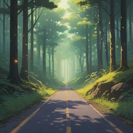 A serene and introspective landscape, a road stretching through a peaceful forest, soft sunlight filtering through the trees, a small animal silhouette in the foreground, symbolic elements like feathers or crystals around, an aura of awareness and reflection, gentle colors, a calm and contemplative atmosphere, 4k
