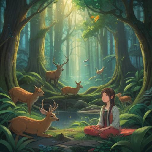 A serene and harmonious scene depicting a person meditating in a lush forest, surrounded by various animals such as a deer, birds, and a rabbit, glowing ethereal light surrounding them, symbolic connection between human and animals, calming atmosphere, vibrant green foliage, reflections of tranquility, 4k