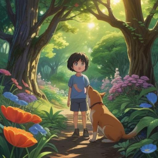 A heartwarming scene depicting a child forming a deep bond with a playful dog, vibrant garden setting, gentle sunlight filtering through the trees, expressions of joy and trust, interactive playtime, emotional connection illustrated through body language, soft grass underfoot, enriching experience, unity between human and animal, 4k