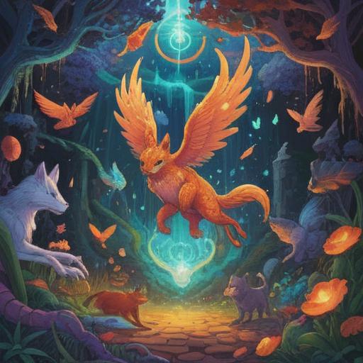 A vibrant illustration of animals bursting out of a mystical portal, bright colors, surrounded by ethereal light, various species gracefully leaping, symbols of spirituality incorporated in the background, tranquil vibes, lush nature scenery, enchanting atmosphere, high detail
