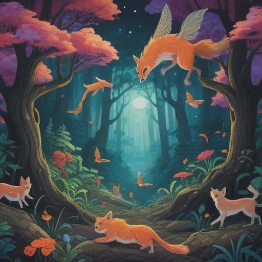 A serene and mystical scene depicting various animals gracefully leaping through a vibrant forest, each animal symbolizing positive spiritual signs, ethereal light filtering through the trees, rich colors showcasing the beauty of nature, harmonious composition, a sense of peace and enlightenment, detailed animal designs, 4k