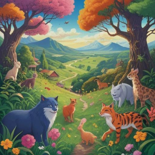 A whimsical scene featuring a variety of playful animals popping out from behind a vibrant, lush landscape, each animal representing a different lucky number, surrounded by colorful flowers and sparkling glitter, bright and cheerful atmosphere, enchanting visual storytelling, 4k