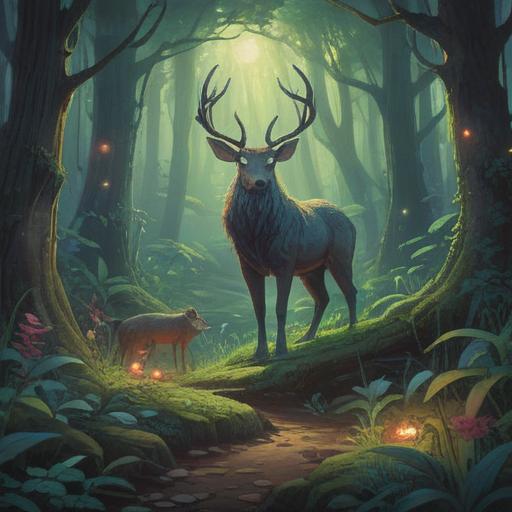 A mystical forest scene, featuring a serene animal carcass, surrounded by ethereal light, symbols of transformation, nature reclaiming its life, calm and introspective atmosphere, hints of spirituality and rebirth, softly glowing plants, peaceful yet profound, 4k