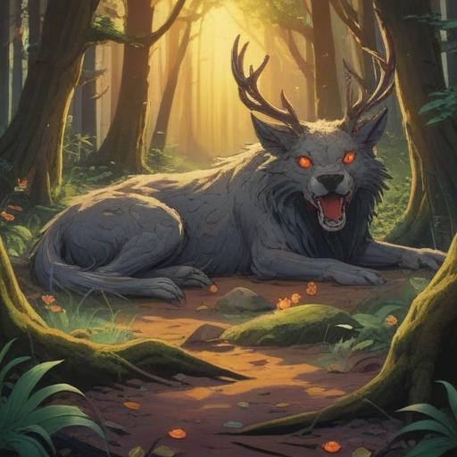 A mystical forest scene, an animal carcass lying on the ground, ethereal light filtering through the trees, symbols of spirituality surrounding the carcass, a sense of caution in the air, vibrant flora contrasting with the somber subject, deep blue and green color palette, a contemplative atmosphere, 4k